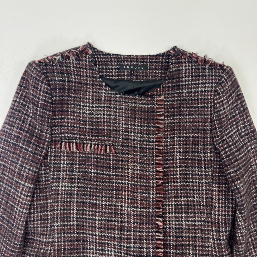 Theory Mylana‎ Tweed Jacket Sz 8 Fringe Trim Blazer Classic Preppy Quiet Luxury - Picture 3 of 13